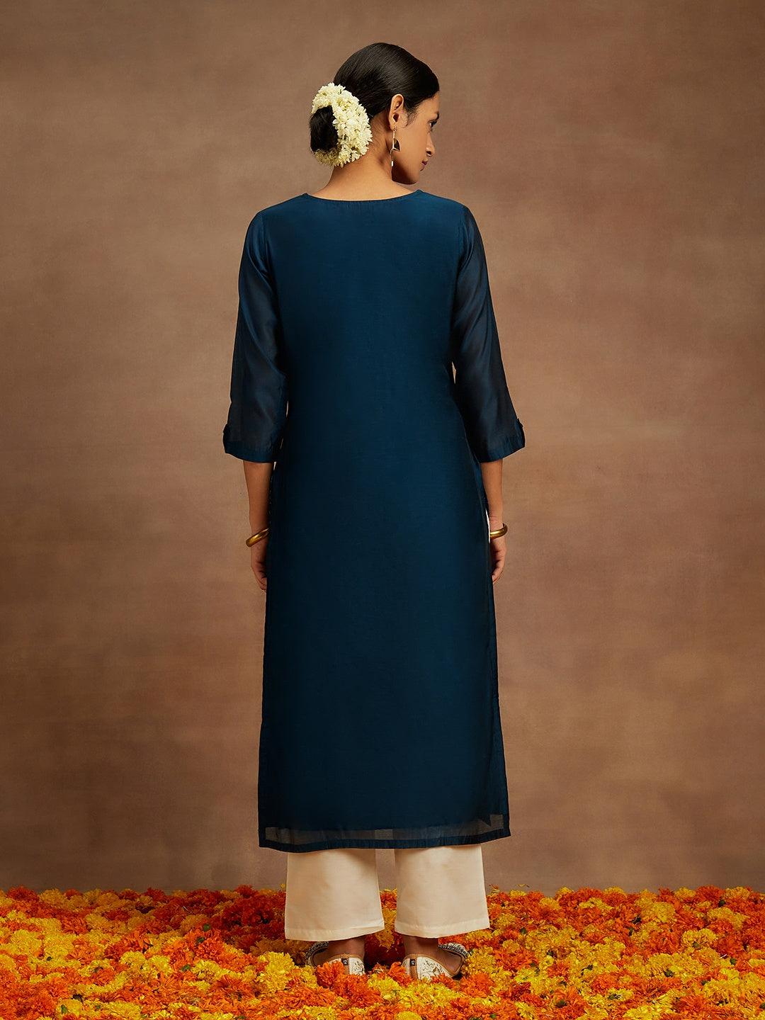 Teal Embroidered Chanderi Silk Straight Kurta