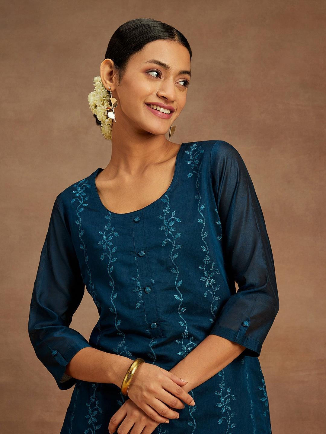 Teal Embroidered Chanderi Silk Straight Kurta