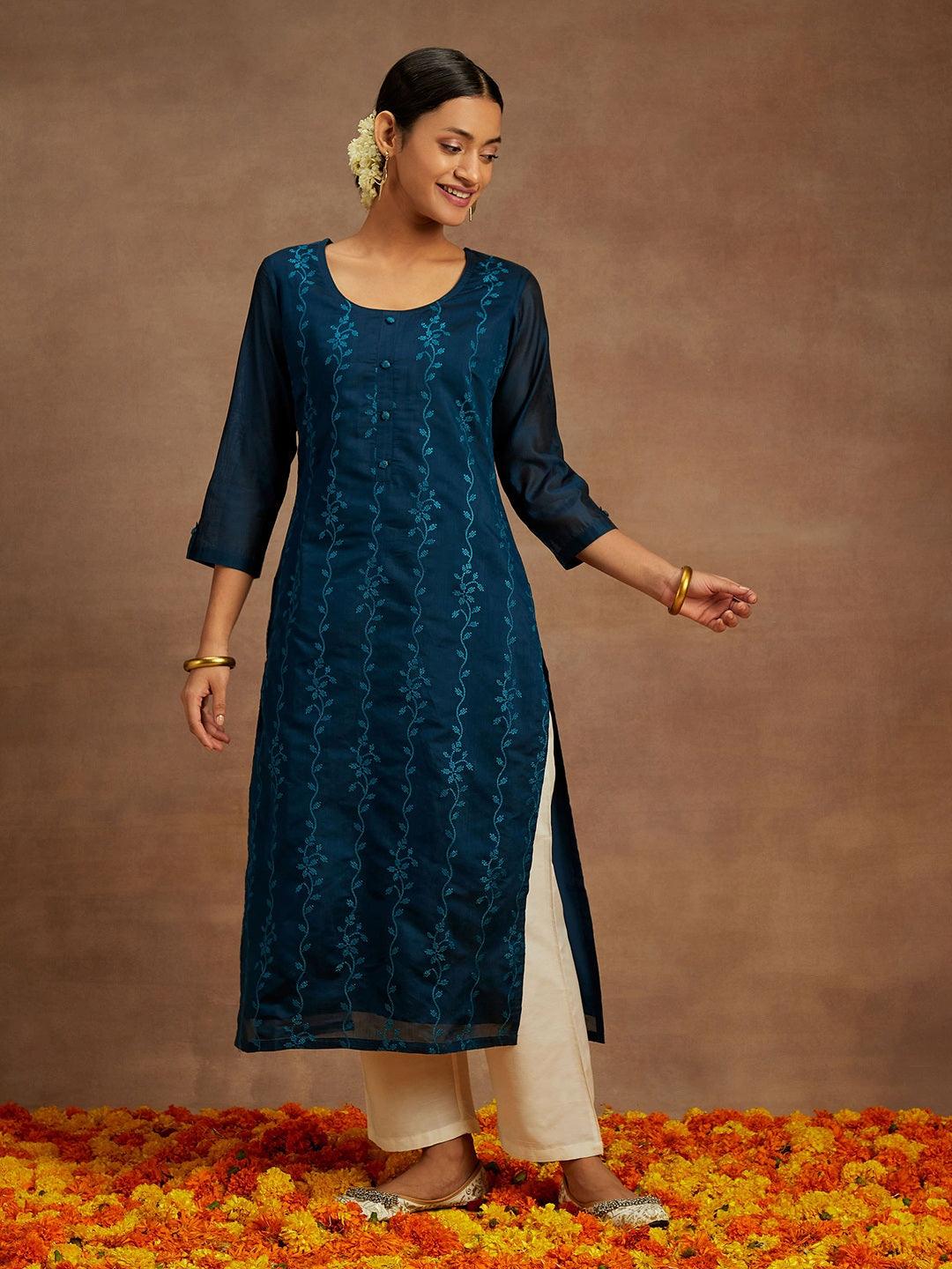 Teal Embroidered Chanderi Silk Straight Kurta