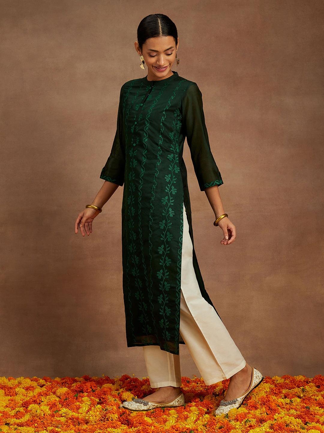 Green Embroidered Chanderi Silk Straight Kurta