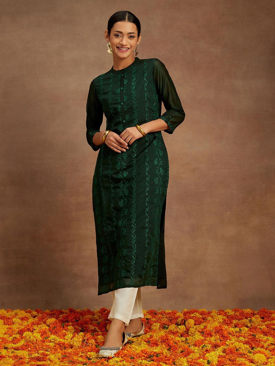 Green Embroidered Chanderi Silk Straight Kurta - ShopLibas