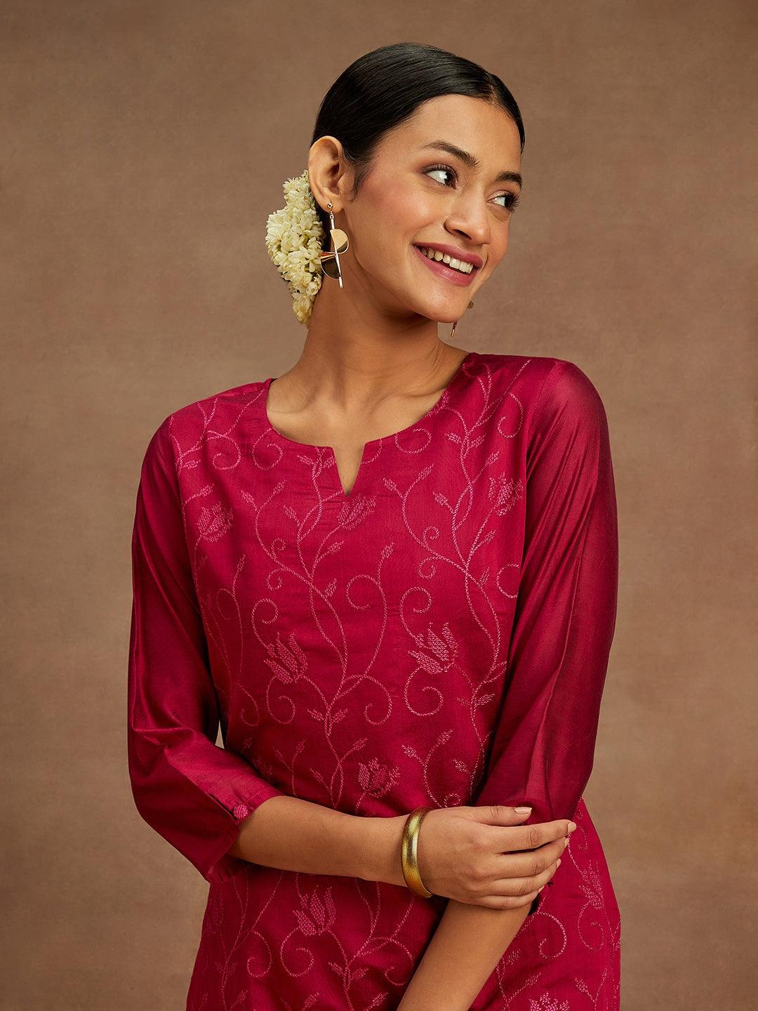 Hot Pink Embroidered Chanderi Silk Straight Kurta