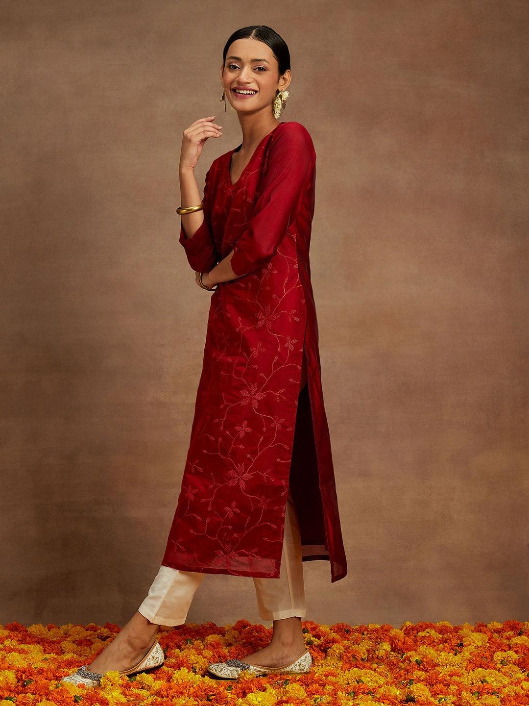 Red Embroidered Chanderi Silk Straight Kurta - ShopLibas