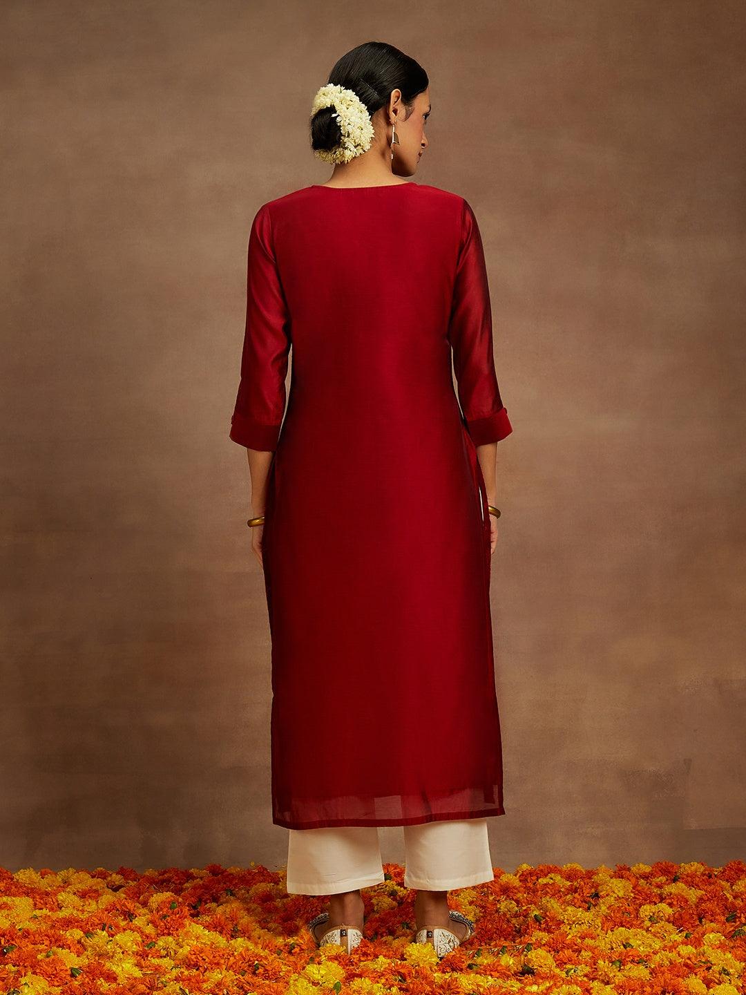 Red Embroidered Chanderi Silk Straight Kurta - ShopLibas