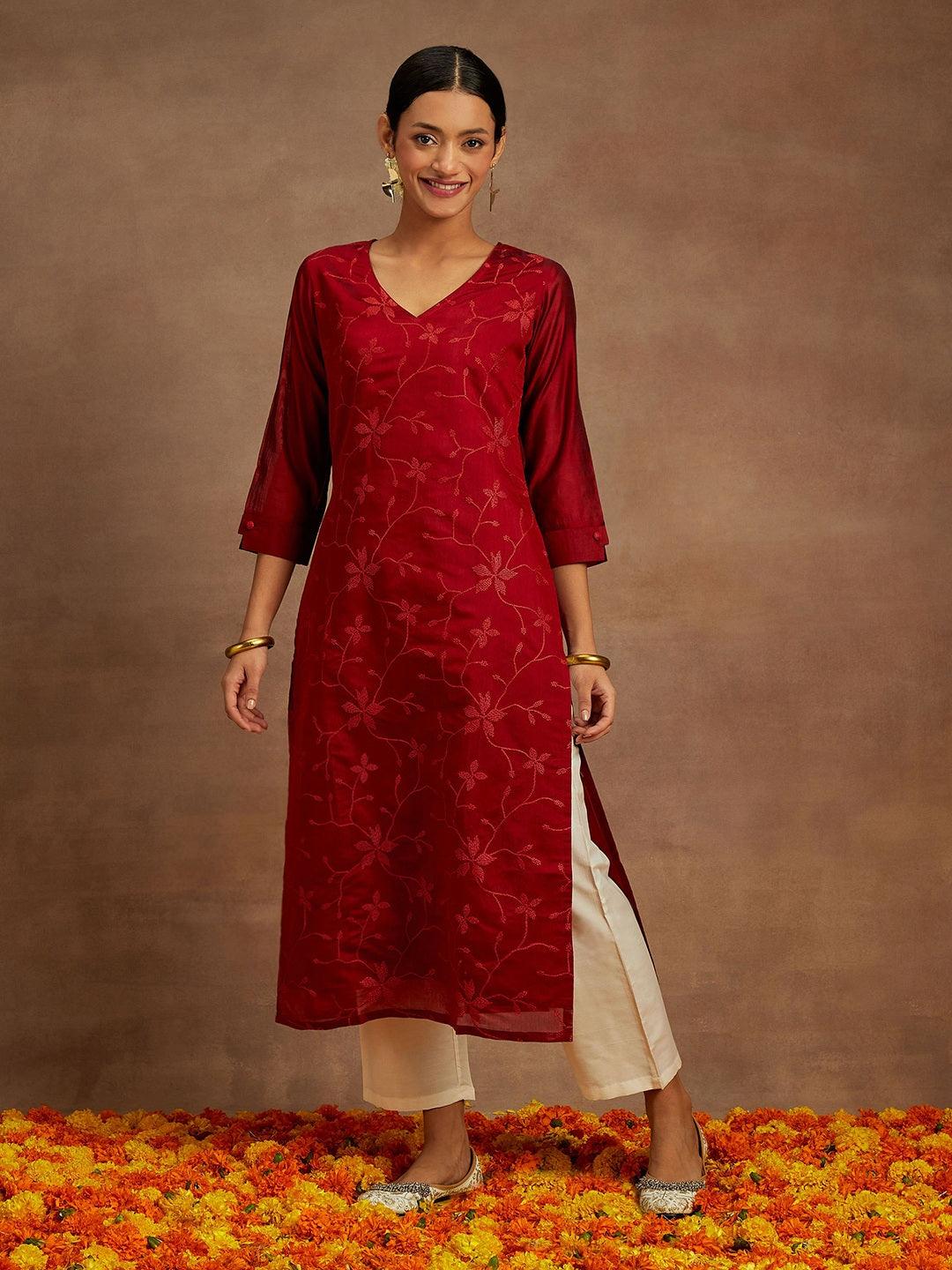 Red Embroidered Chanderi Silk Straight Kurta - ShopLibas