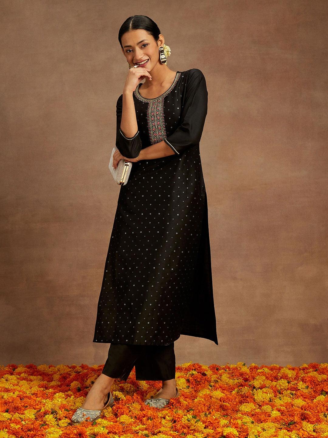 Black Embellished Silk Straight Kurta - ShopLibas