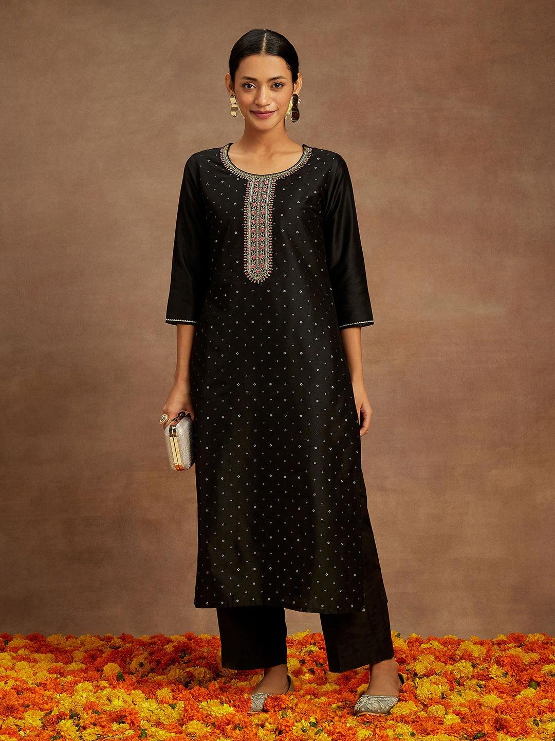 Black Embellished Silk Straight Kurta - ShopLibas