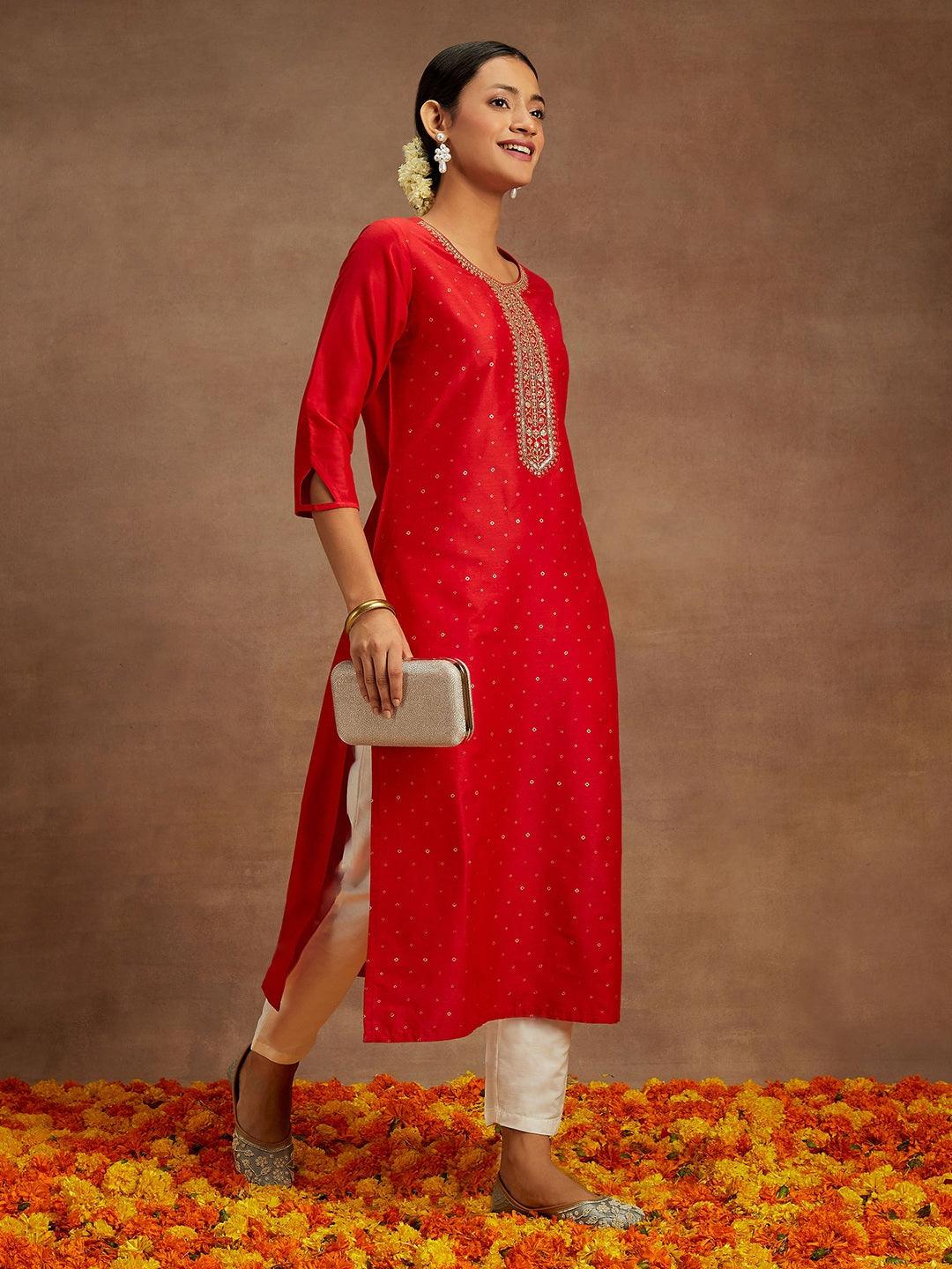 Red Embellished Silk Straight Kurta - ShopLibas