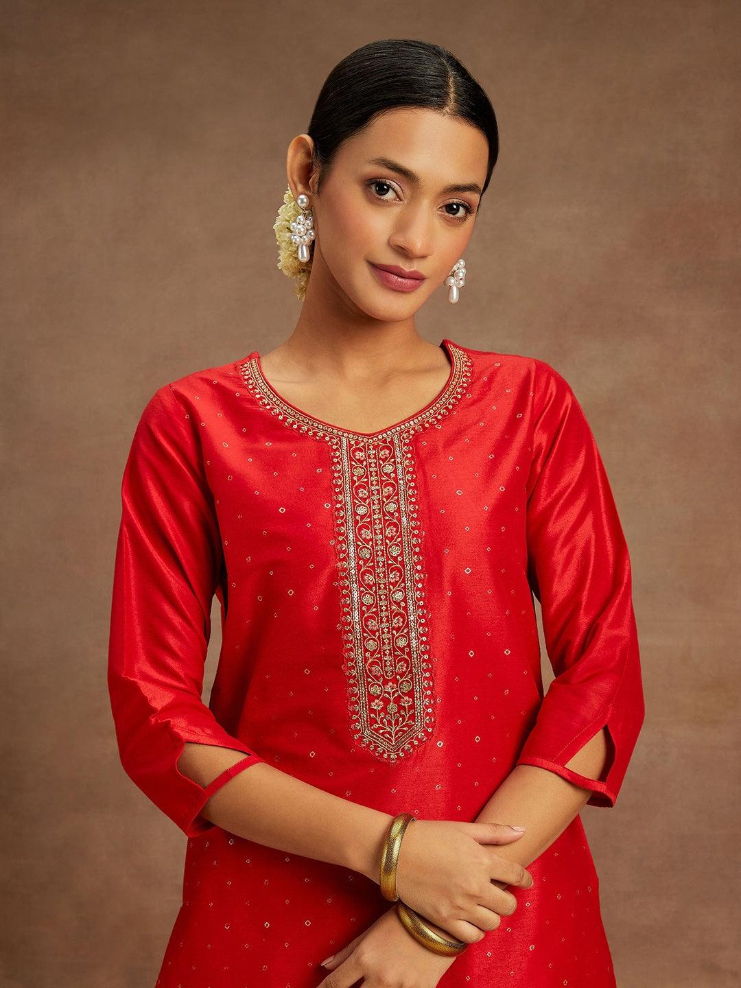 Red Embellished Silk Straight Kurta