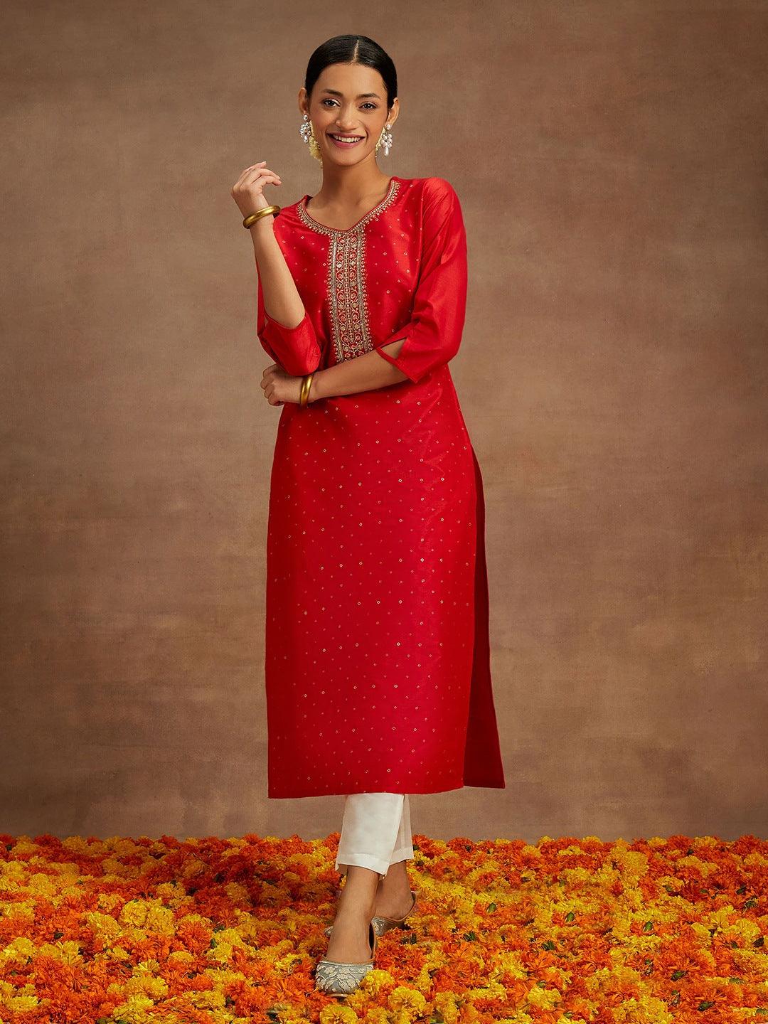 Red Embellished Silk Straight Kurta