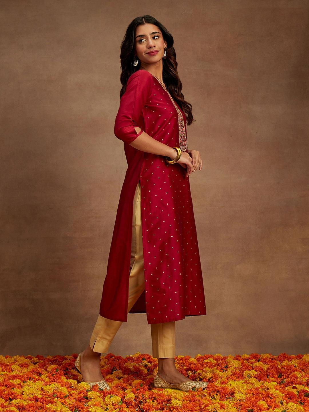 Maroon Printed Silk Straight Kurta