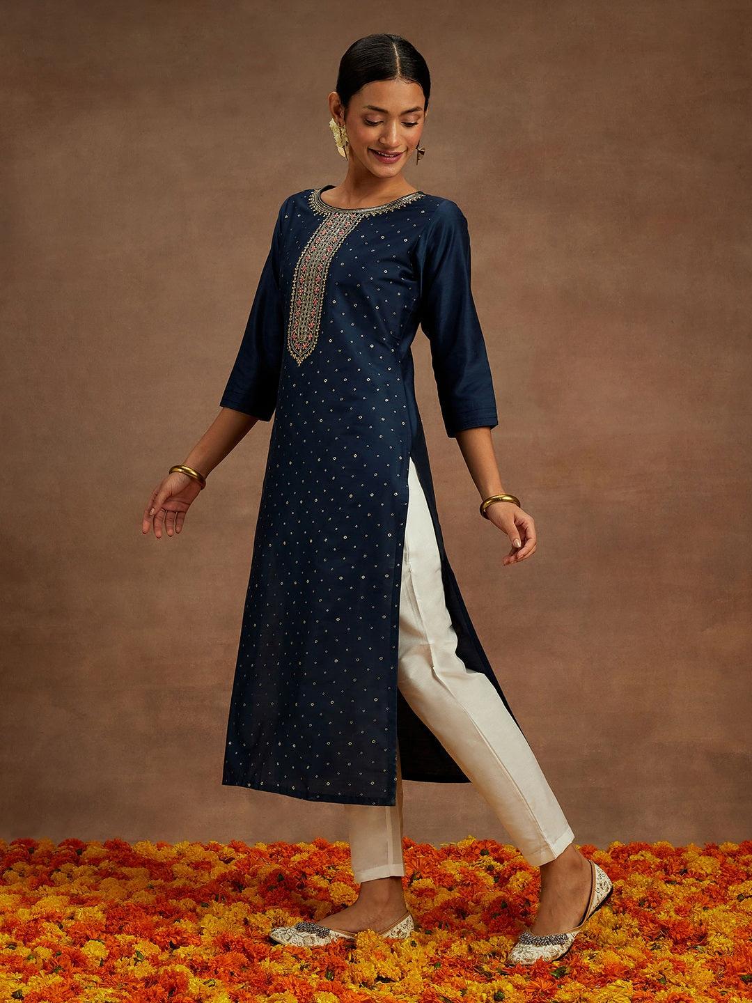 Navy Printed Silk Straight Kurta