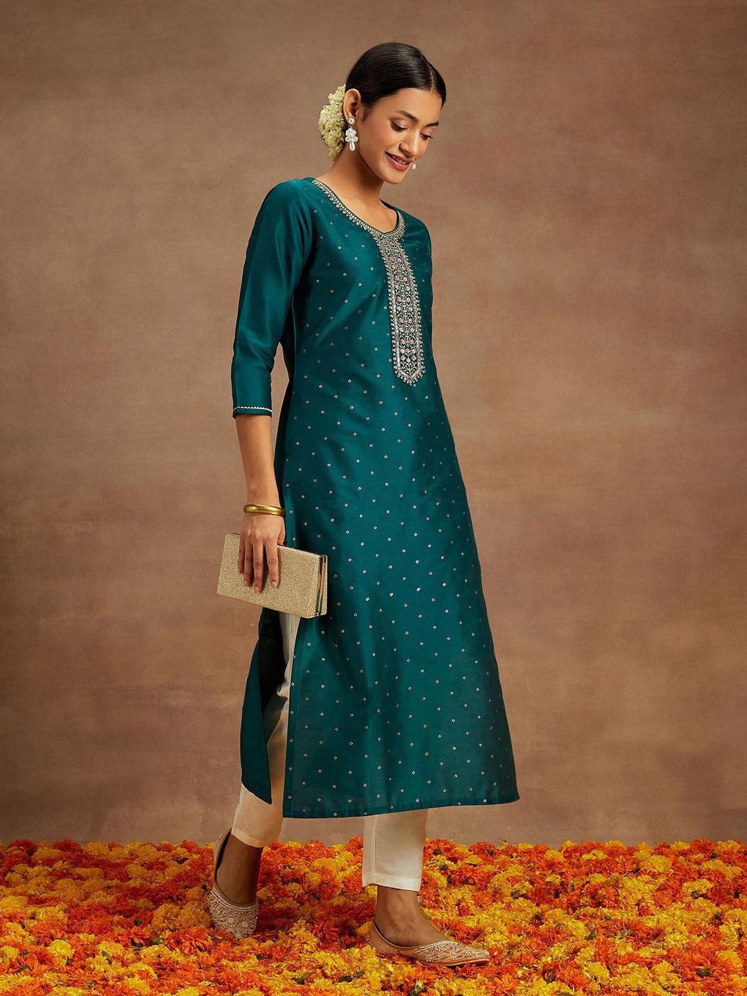 Teal Printed Silk Straight Kurta