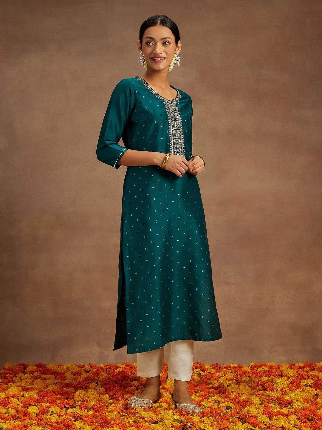 Teal Printed Silk Straight Kurta