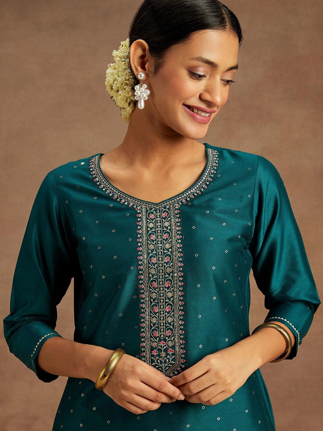 Teal Printed Silk Straight Kurta