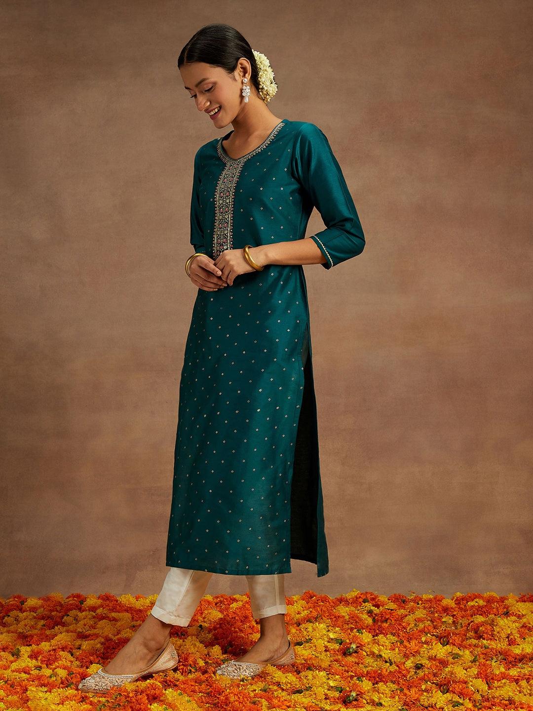 Teal Printed Silk Straight Kurta