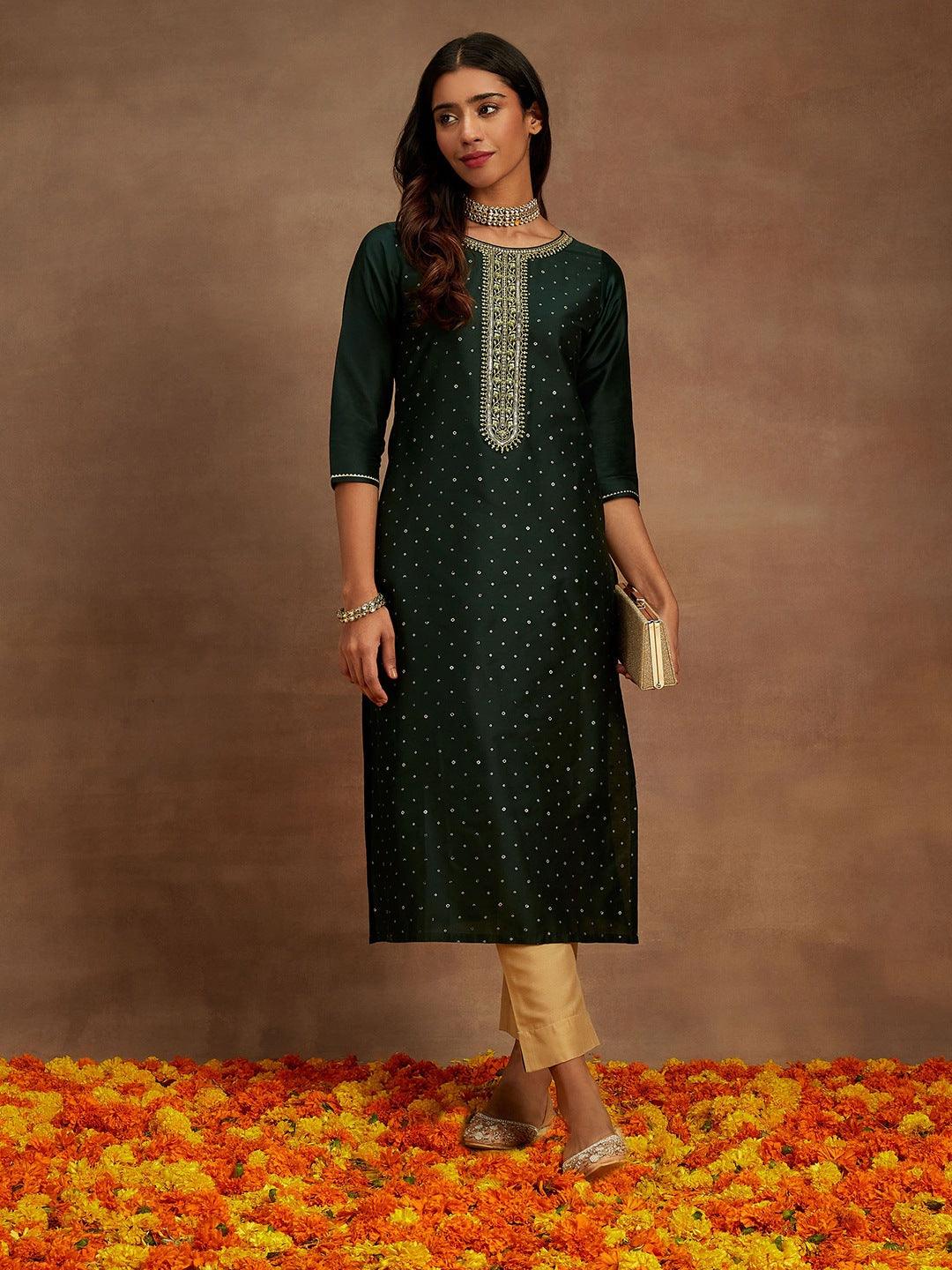 Green Embellished Silk Straight Kurta