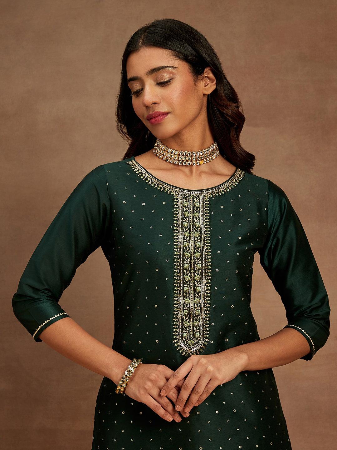 Green Embellished Silk Straight Kurta