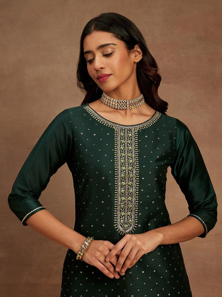 Green Embellished Silk Straight Kurta - ShopLibas