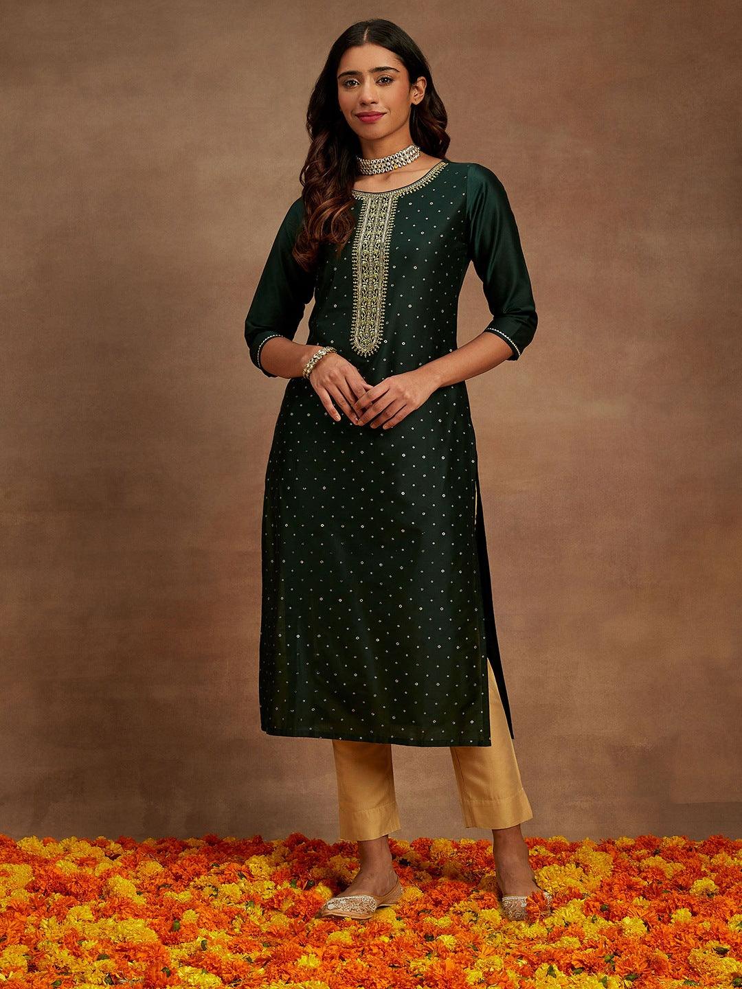 Green Embellished Silk Straight Kurta - ShopLibas