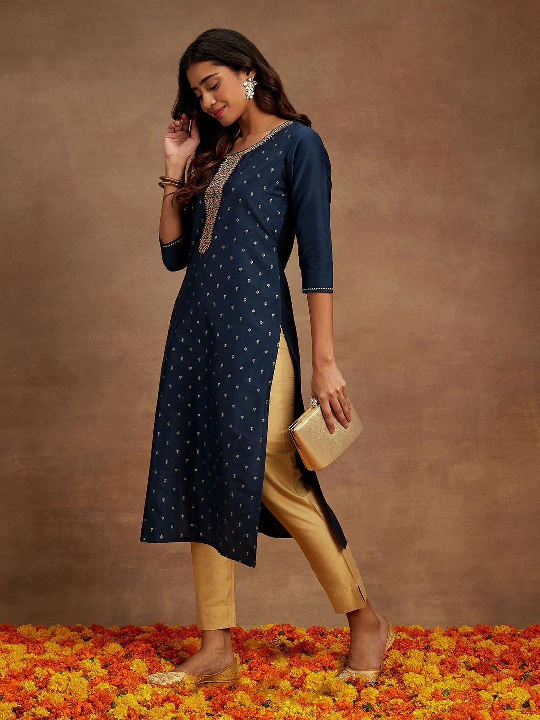 Blue Embellished Chanderi Silk Straight Kurta