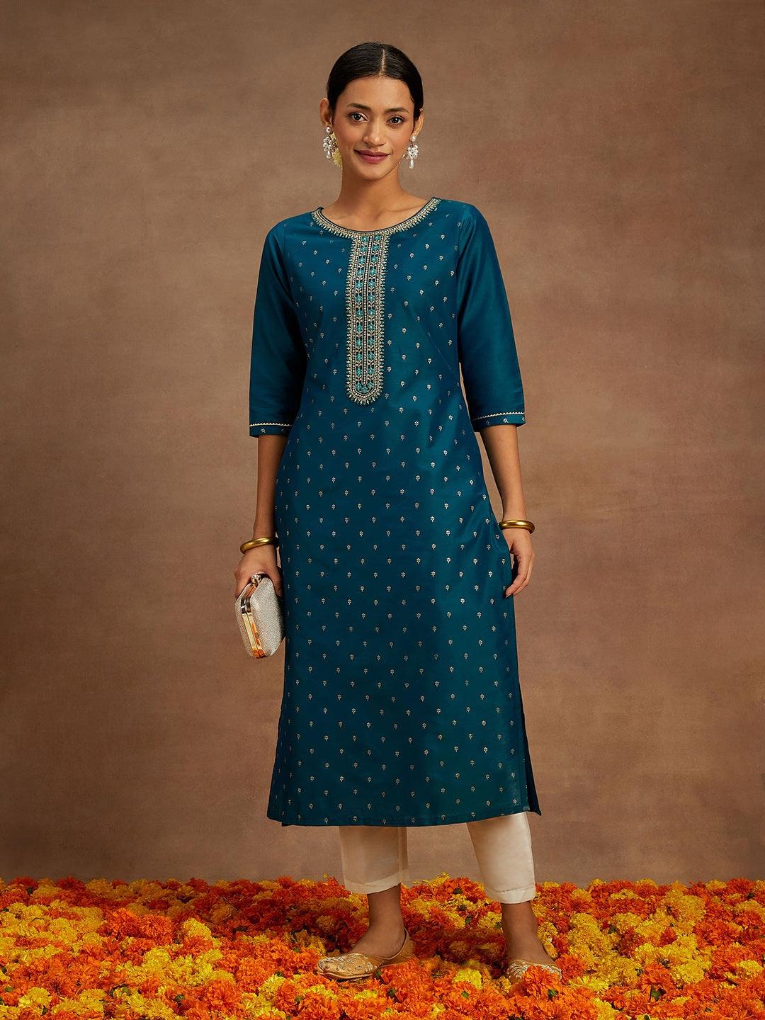 Teal Embellished Chanderi Silk Straight Kurta