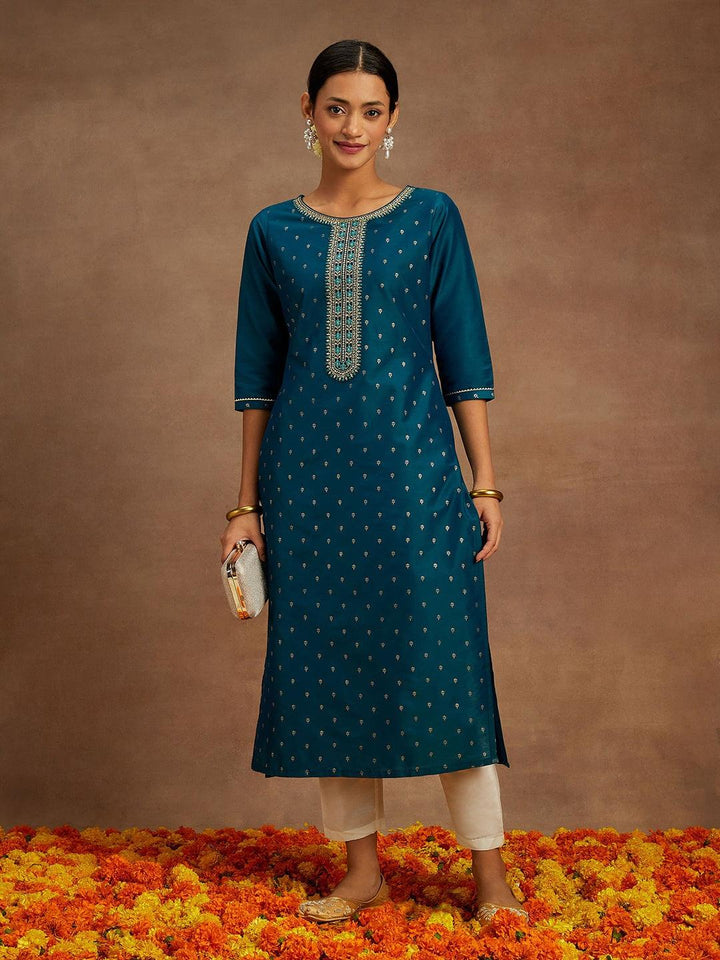 Teal Embellished Chanderi Silk Straight Kurta - ShopLibas