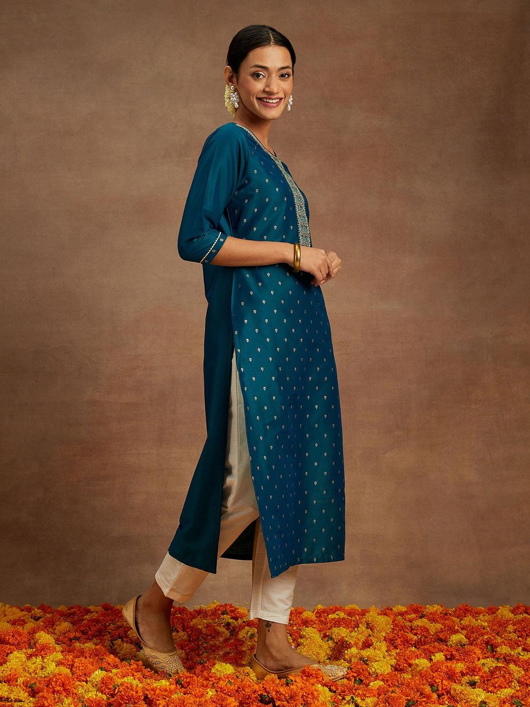 Teal Embellished Chanderi Silk Straight Kurta - ShopLibas