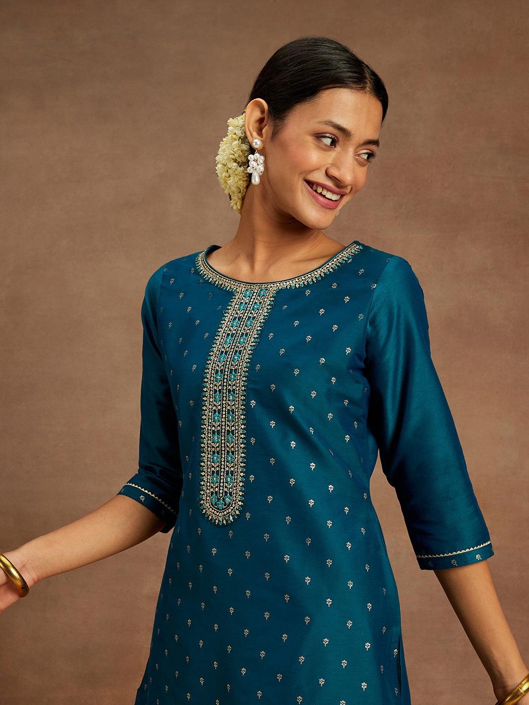 Teal Embellished Chanderi Silk Straight Kurta