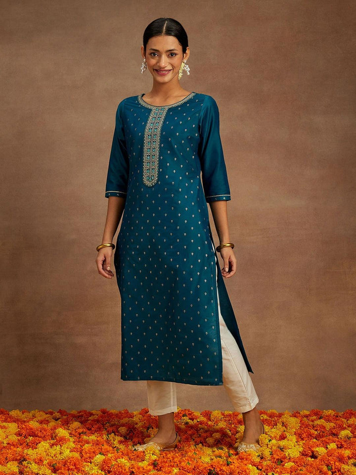 Teal Embellished Chanderi Silk Straight Kurta - ShopLibas