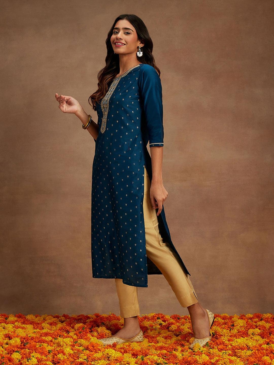 Blue Embellished Chanderi Silk Straight Kurta