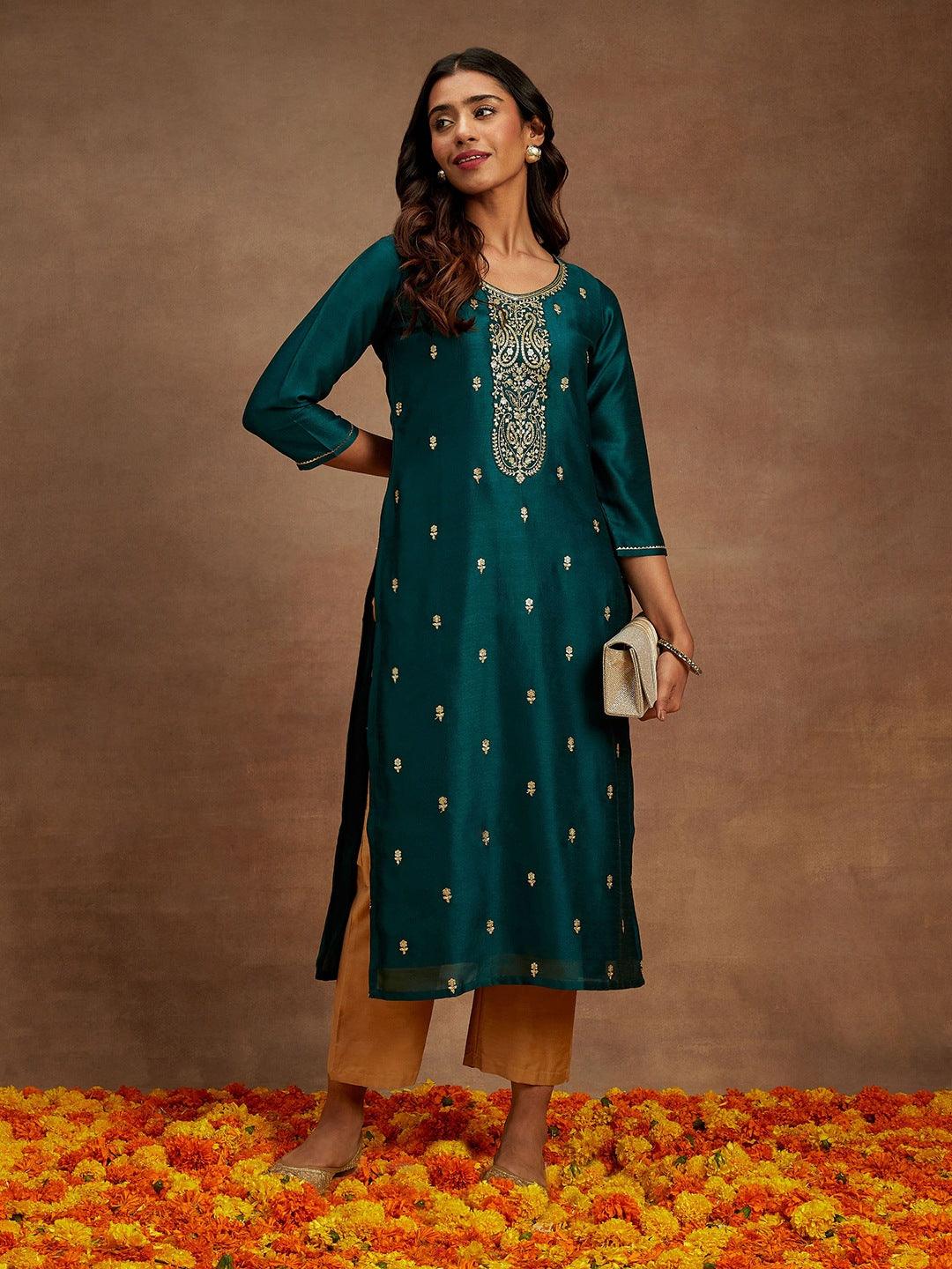 Teal Embroidered Silk Straight Kurta