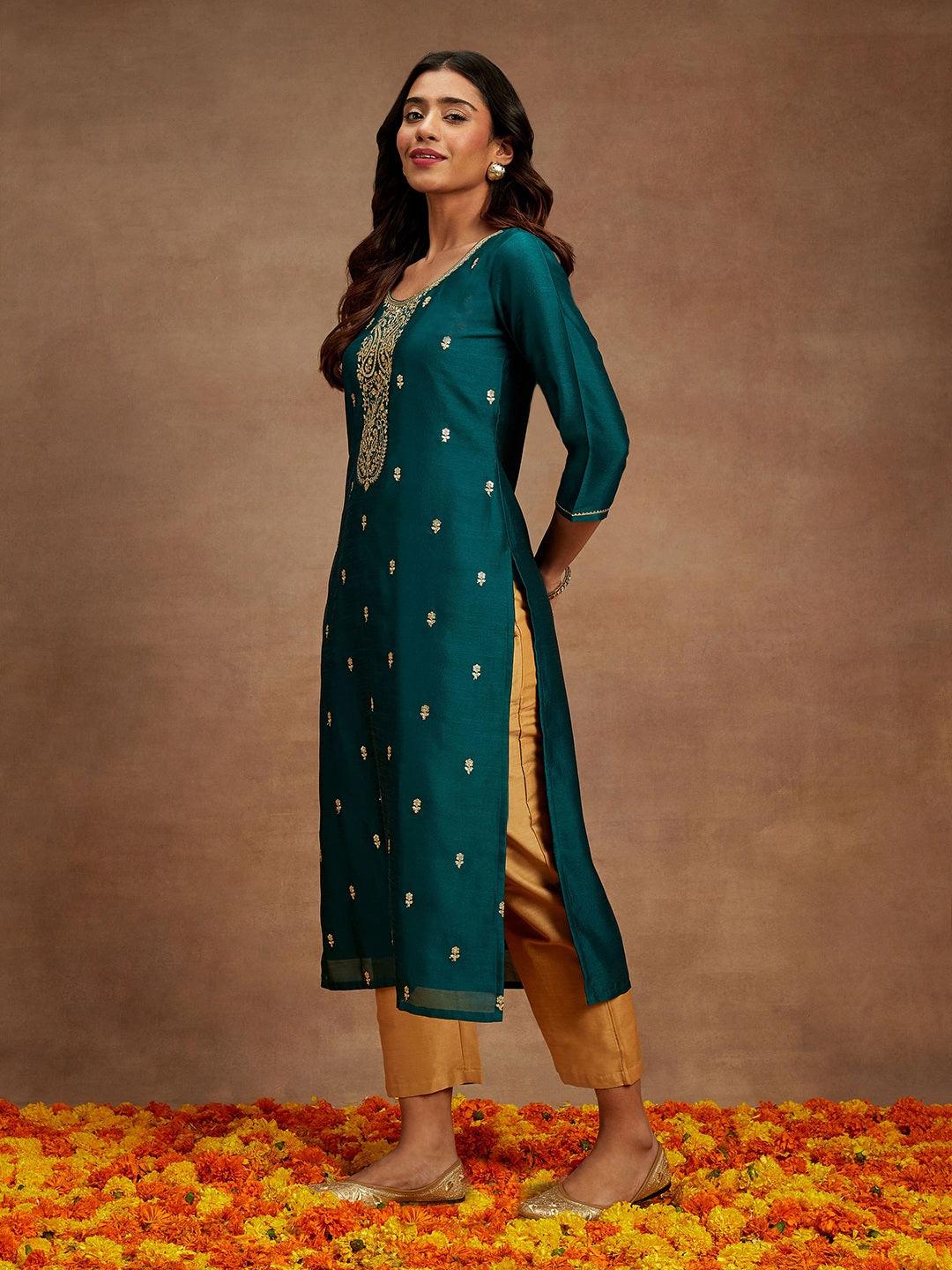 Teal Embroidered Silk Straight Kurta