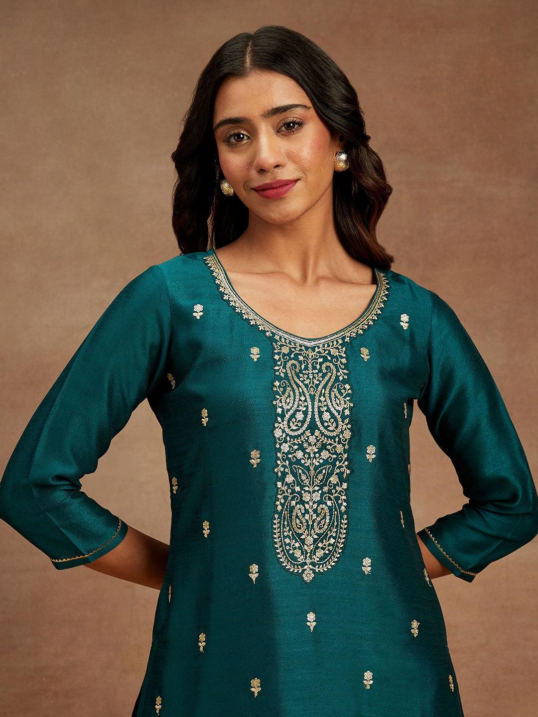 Teal Embroidered Silk Straight Kurta