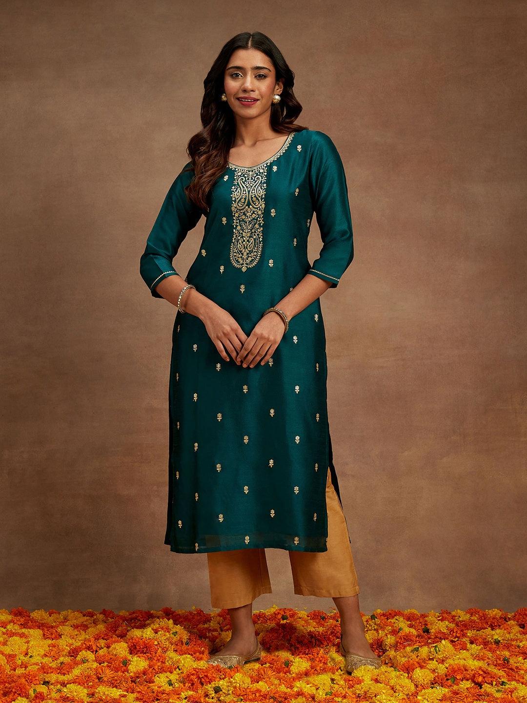 Teal Embroidered Silk Straight Kurta