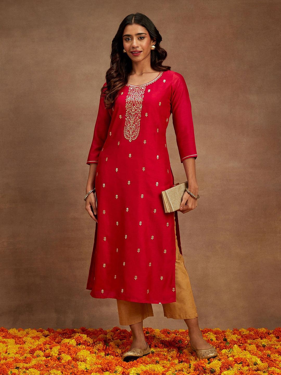 Pink Embroidered Silk Straight Kurta