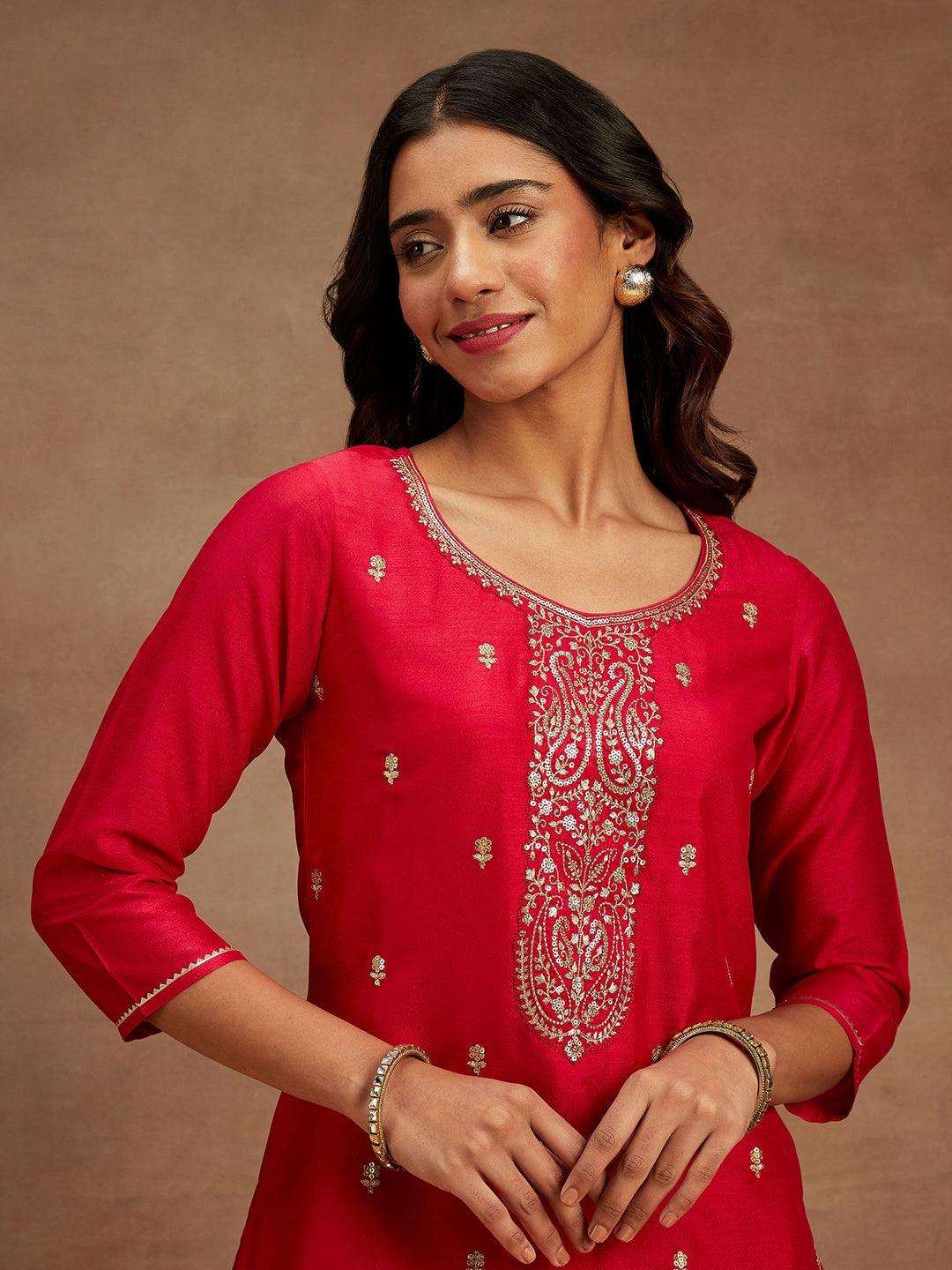 Pink Embroidered Silk Straight Kurta