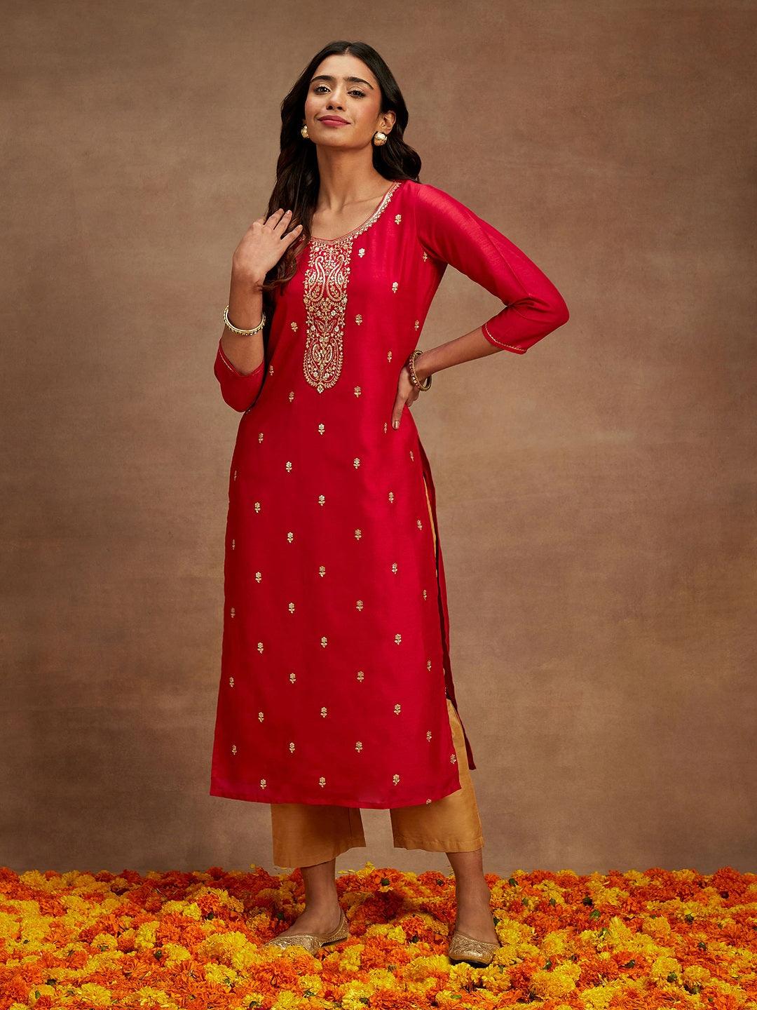 Pink Embroidered Silk Straight Kurta