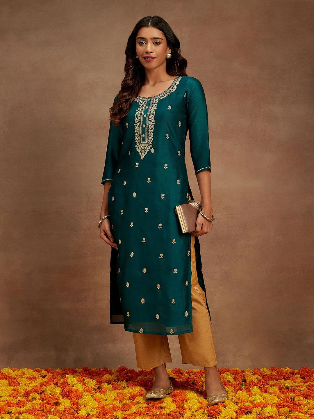 Teal Embroidered Silk Straight Kurta