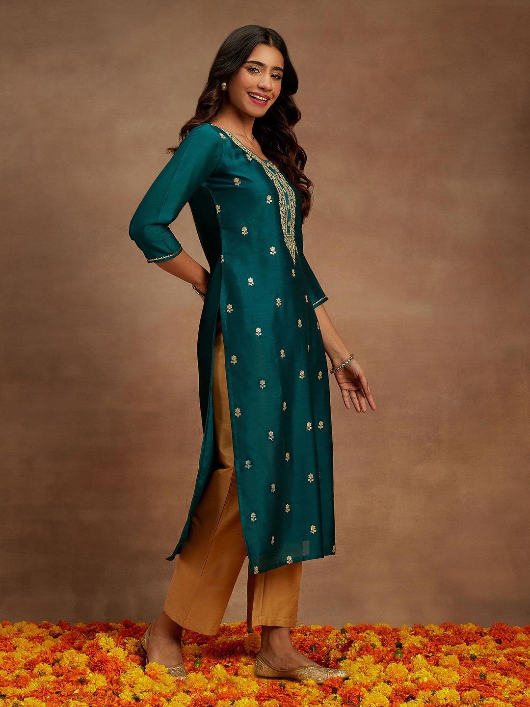 Teal Embroidered Silk Straight Kurta