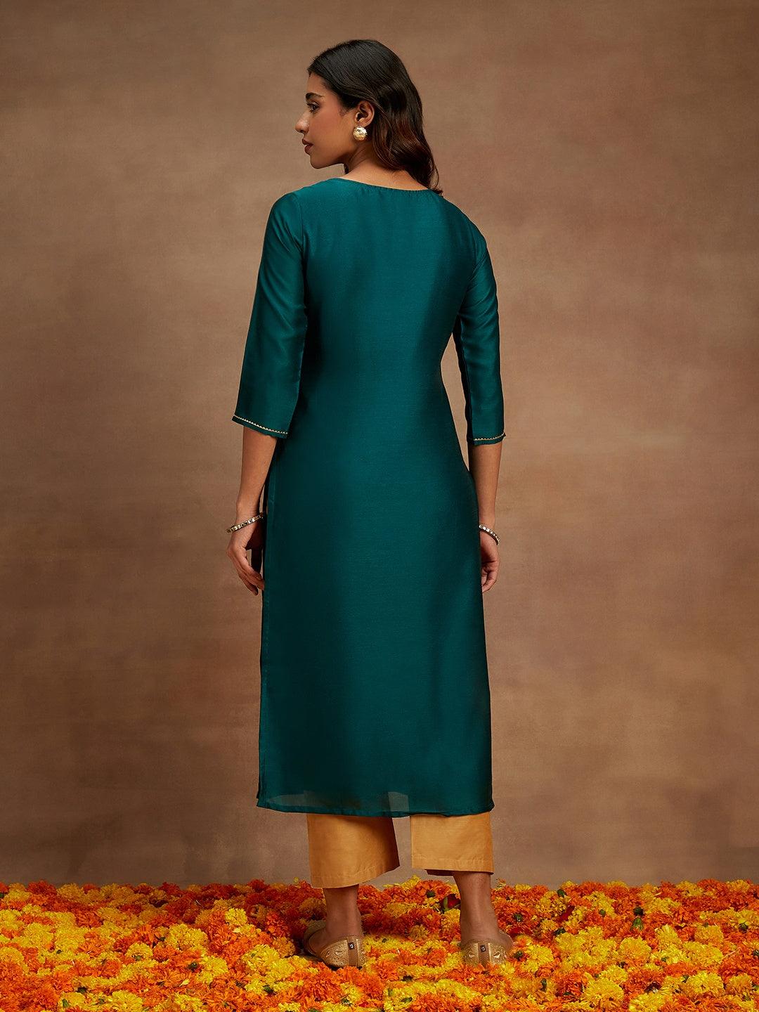 Teal Embroidered Silk Straight Kurta