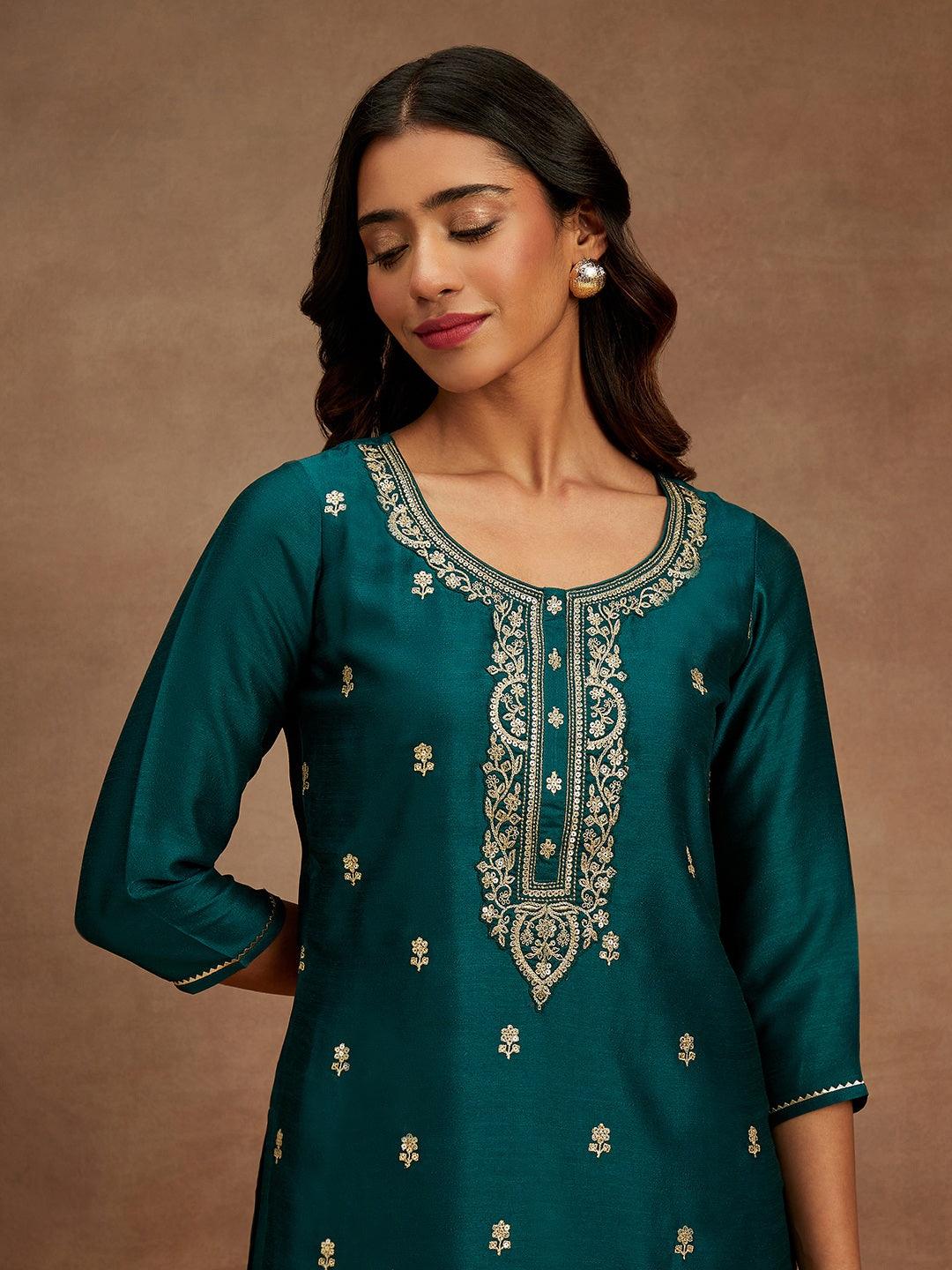 Teal Embroidered Silk Straight Kurta