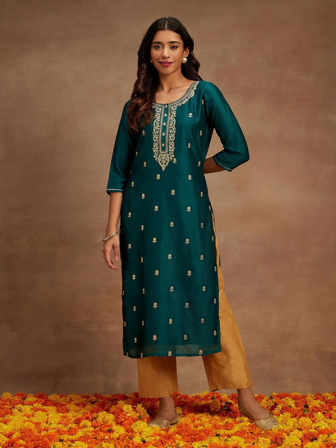 Teal Embroidered Silk Straight Kurta