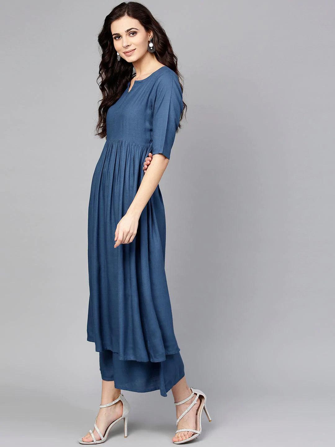 Blue Solid Rayon Suit Set