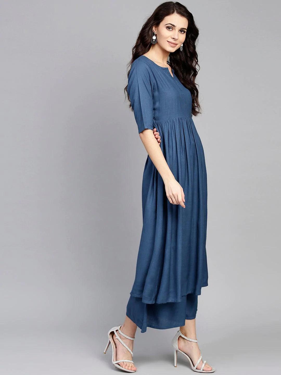 Blue Solid Rayon Suit Set - ShopLibas