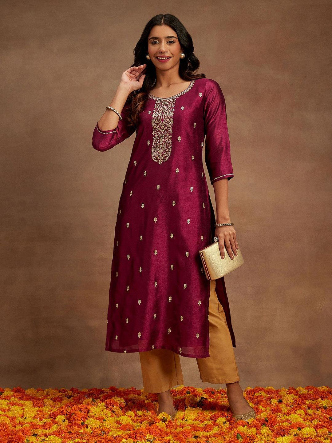 Purple Embroidered Silk Straight Kurta - ShopLibas