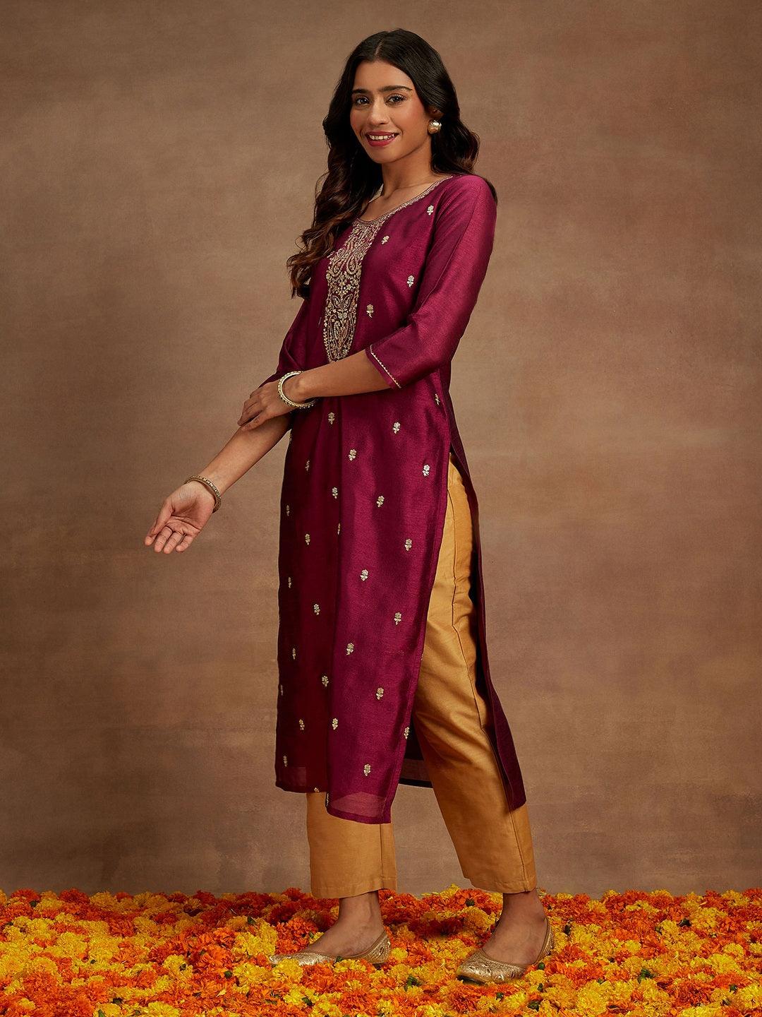 Purple Embroidered Silk Straight Kurta - ShopLibas