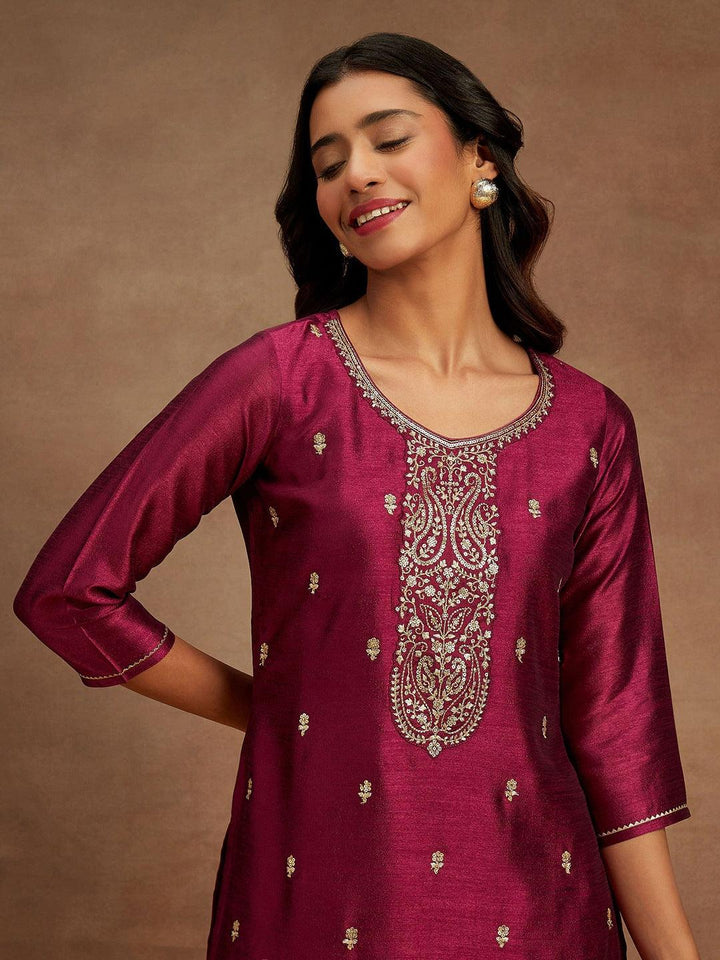 Purple Embroidered Silk Straight Kurta - ShopLibas