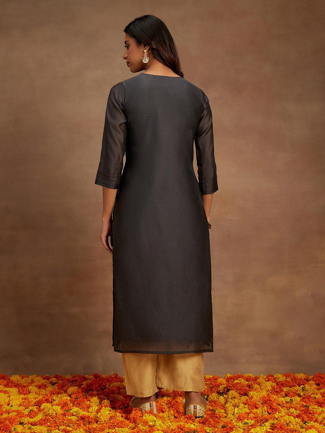 Grey Woven Design Chanderi Silk Straight Kurta