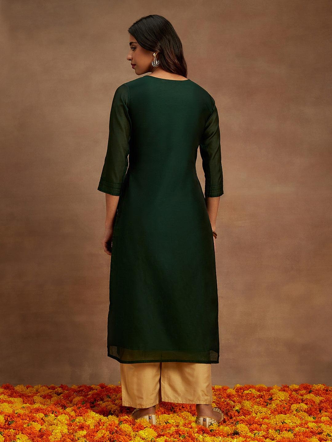 Green Woven Design Chanderi Silk Straight Kurta - ShopLibas